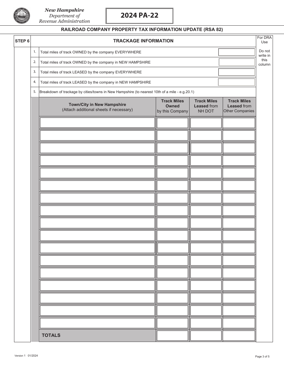 Form PA-22 Railroad Company Property Tax Information Update (Rsa 82) - New Hampshire, Page 3
