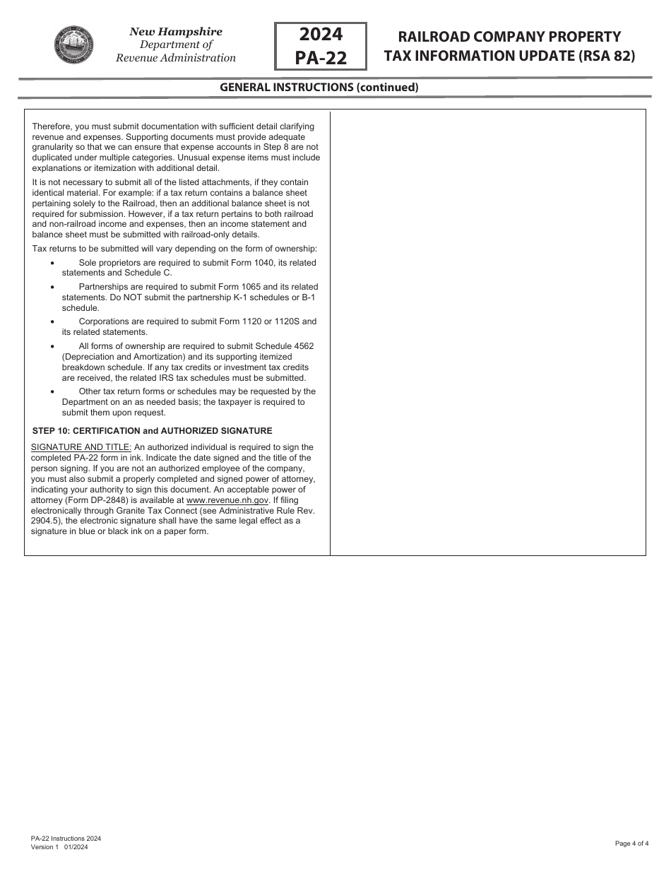 Instructions for Form PA-22 Railroad Company Property Tax Information Update - New Hampshire, Page 4