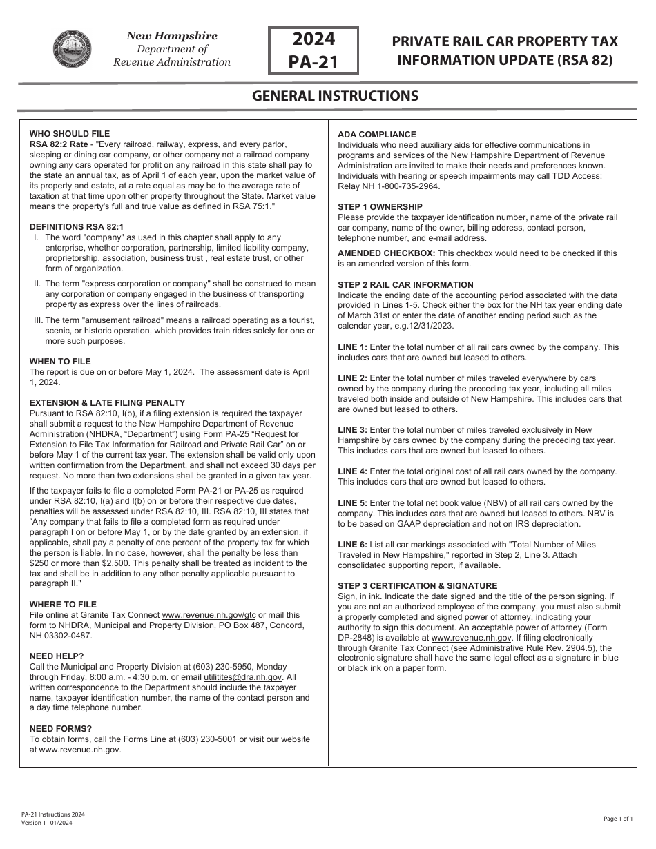 Property Nh Rsa Download Instructions for Form PA-21 Private Rail Car Property Tax ...