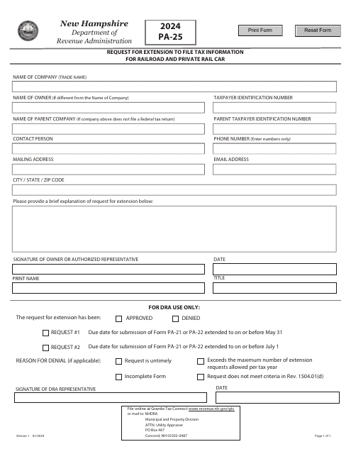 Form PA-25 Request for Extension to File Tax Information for Railroad and Private Rail Car - New Hampshire, 2024