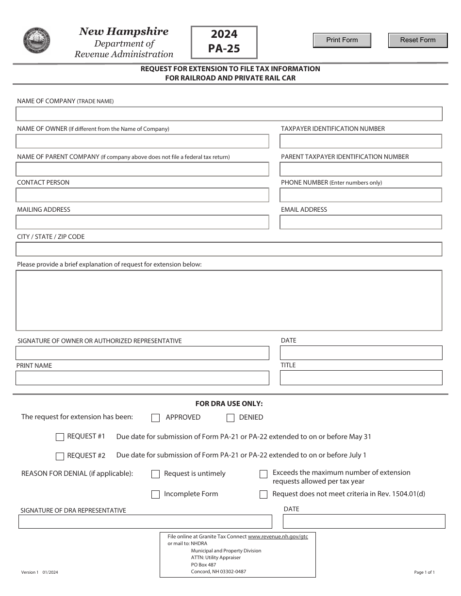 Form PA-25 Request for Extension to File Tax Information for Railroad and Private Rail Car - New Hampshire, Page 1