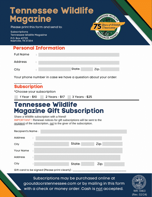 Form WR-0463 Tennessee Wildlife Magazine Subscription Form - Tennessee