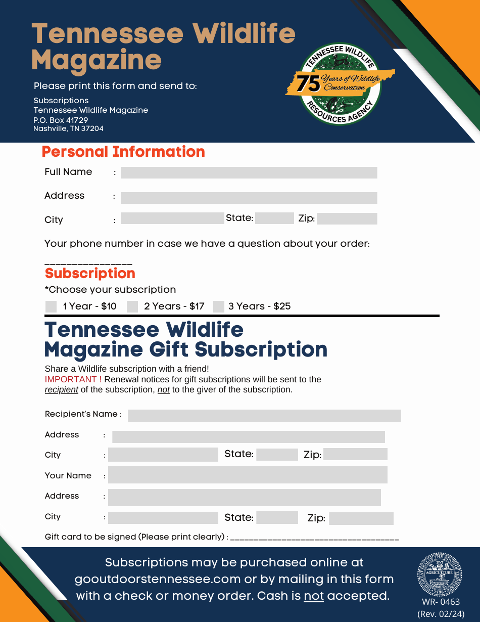 Form WR-0463 Tennessee Wildlife Magazine Subscription Form - Tennessee, Page 1