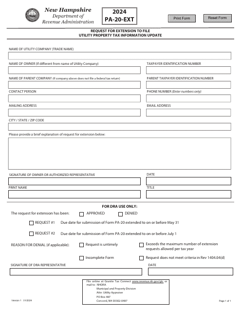 Form PA-20-EXT Request for Extension to File Utility Property Tax Information Update - New Hampshire, 2024