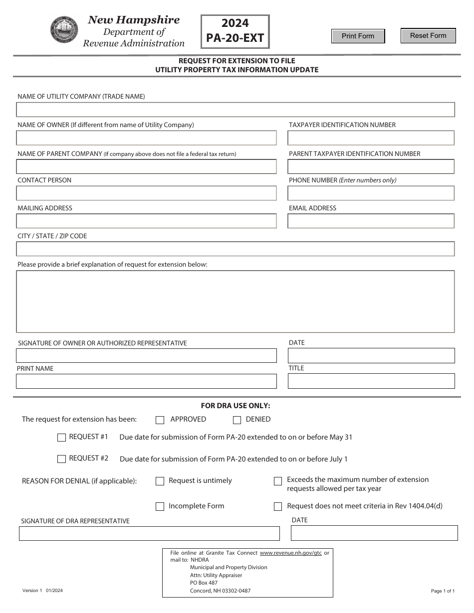 Form PA-20-EXT Request for Extension to File Utility Property Tax Information Update - New Hampshire, Page 1