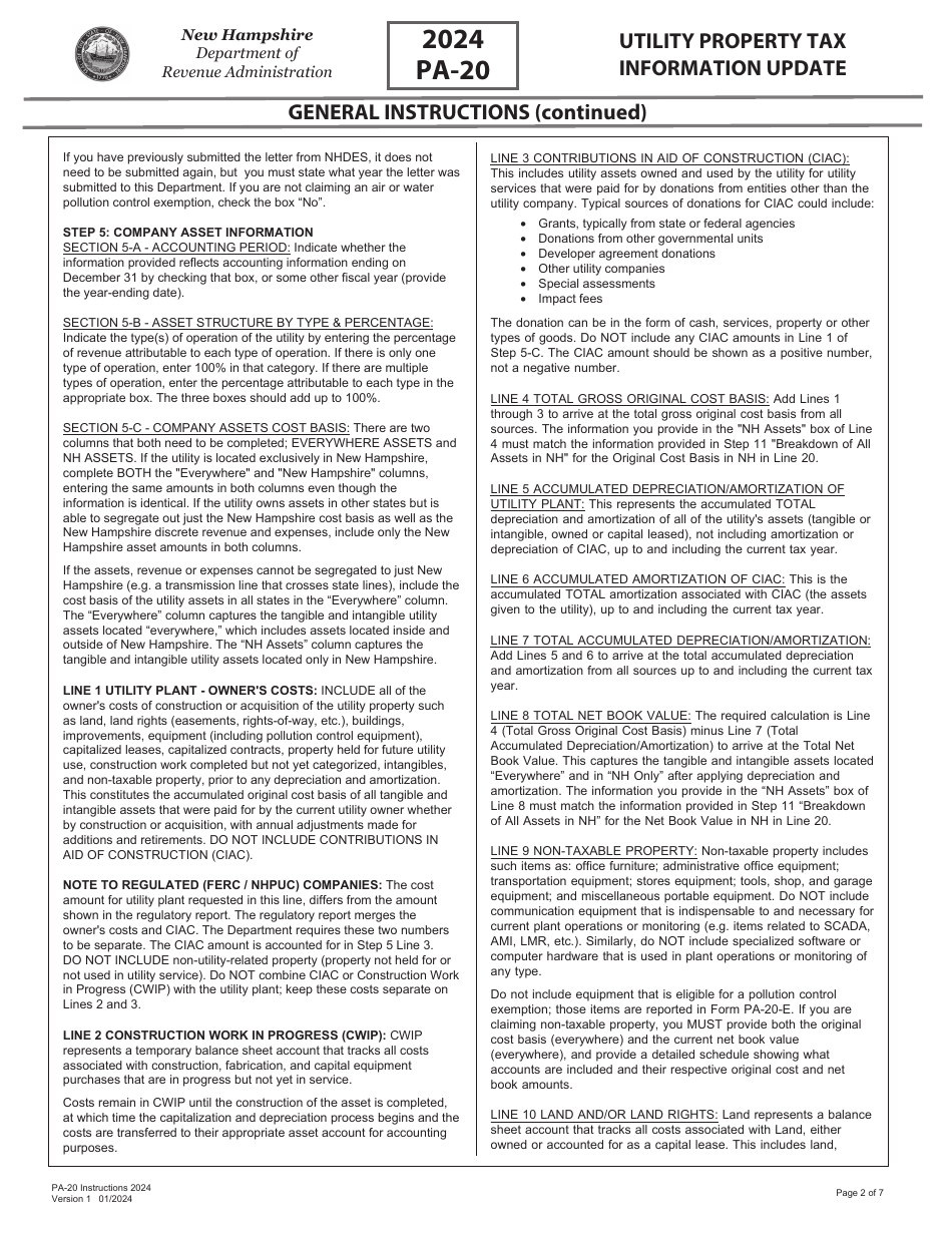 Instructions for Form PA-20 Utility Property Tax Information Update - New Hampshire, Page 2