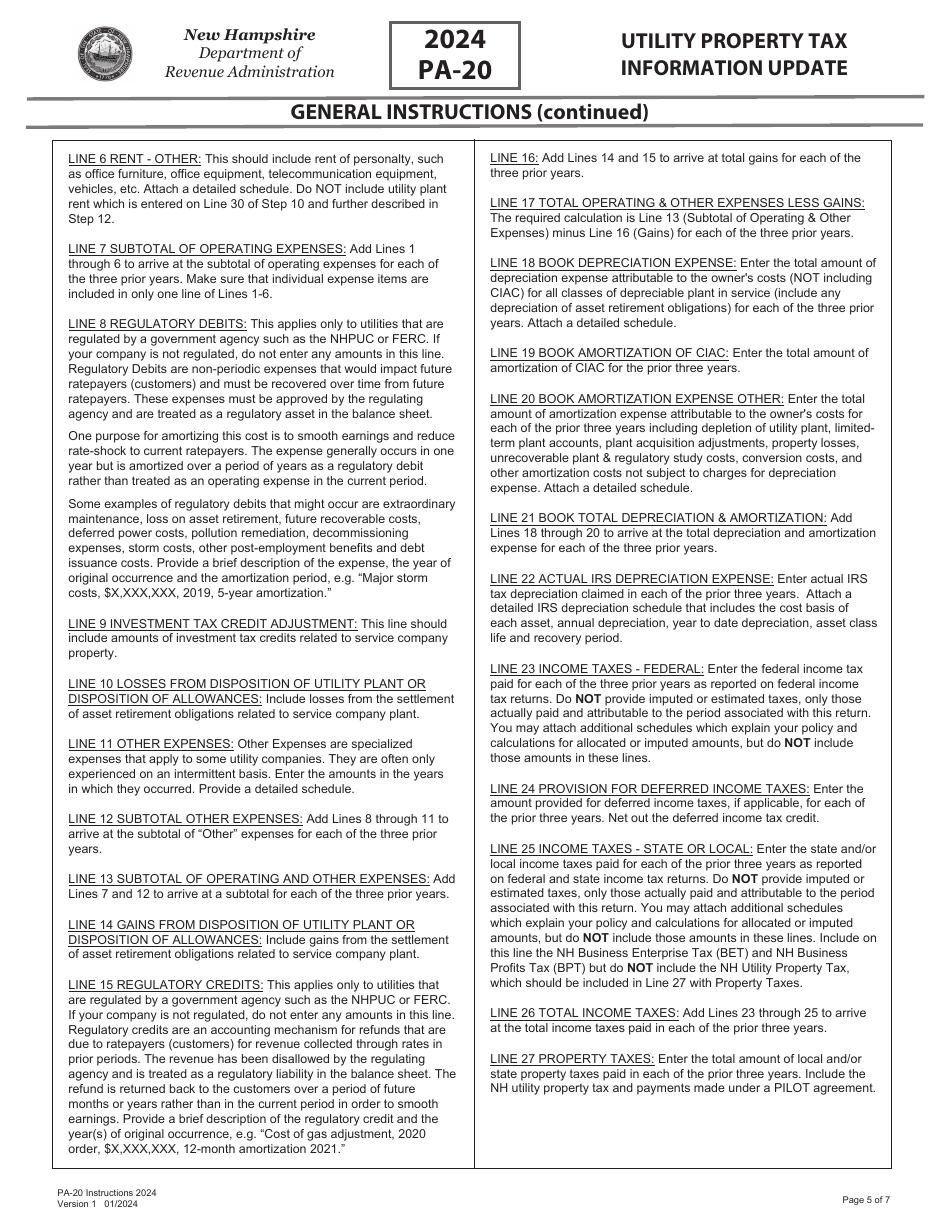 Instructions for Form PA-20 Utility Property Tax Information Update - New Hampshire, Page 5