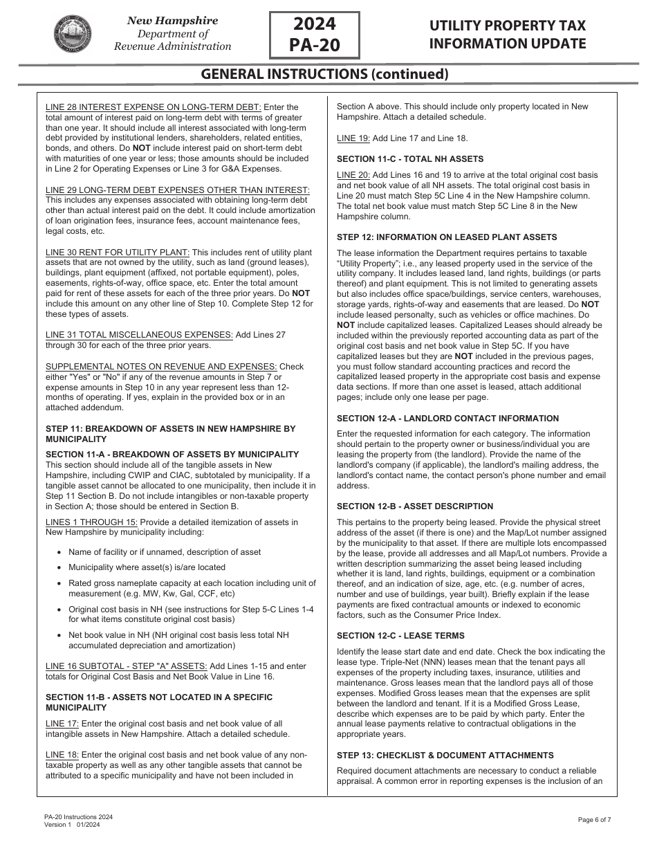 Instructions for Form PA-20 Utility Property Tax Information Update - New Hampshire, Page 6