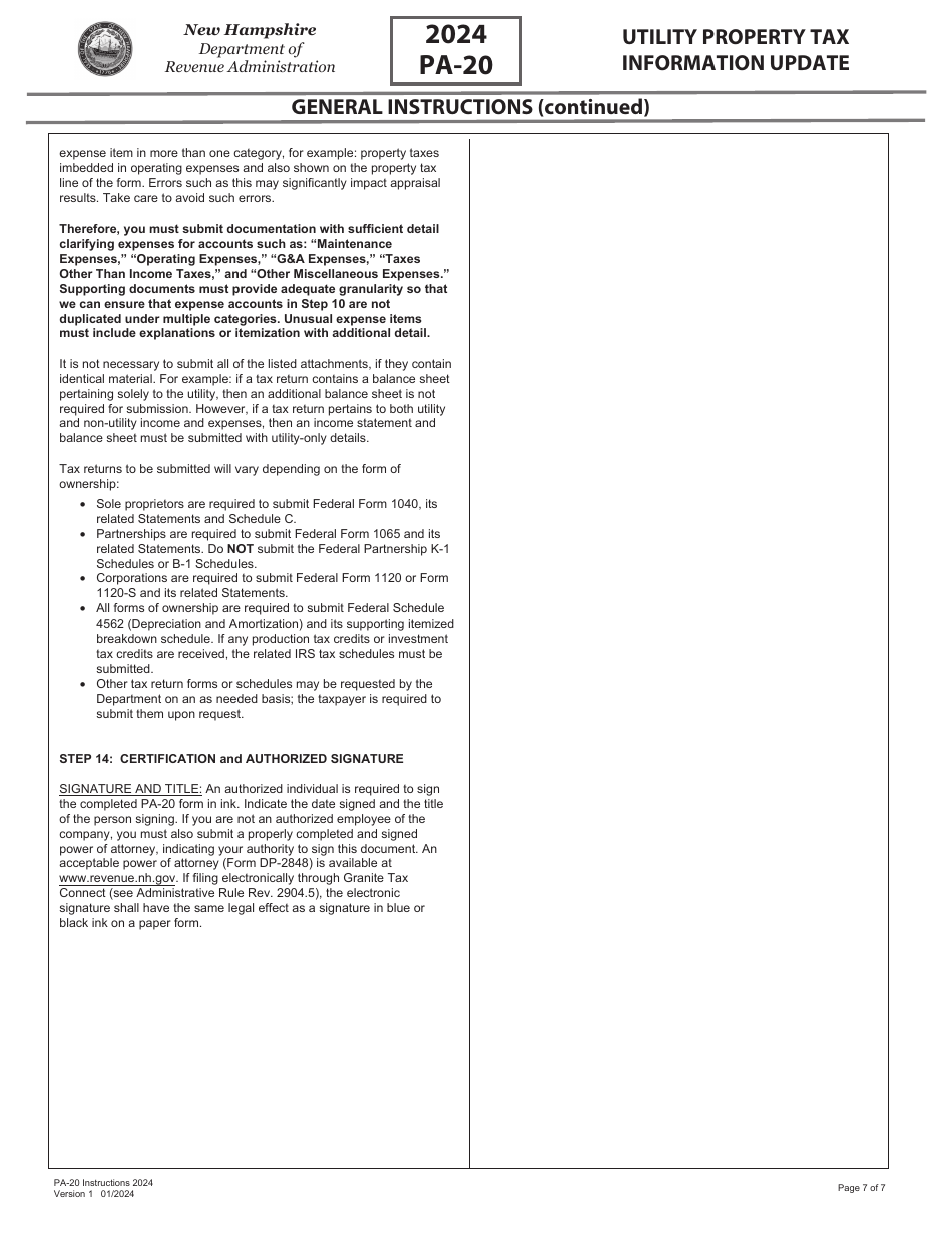 Instructions for Form PA-20 Utility Property Tax Information Update - New Hampshire, Page 7