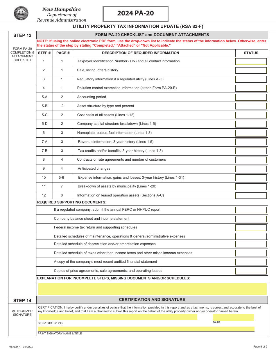 Form PA-20 Utility Property Tax Information Update (Rsa 83-f) - New Hampshire, Page 9