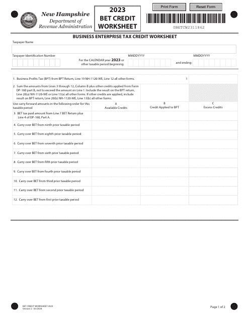 Form BET-CW Business Enterprise Tax Credit Worksheet - New Hampshire, 2023