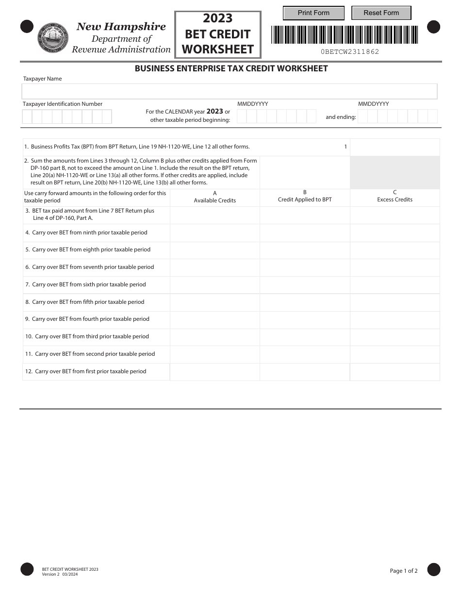 Form BET-CW Business Enterprise Tax Credit Worksheet - New Hampshire, Page 1