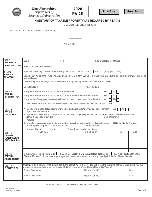 Form PA-28 Inventory of Taxable Property (As Required by Rsa 74) - New Hampshire, 2024