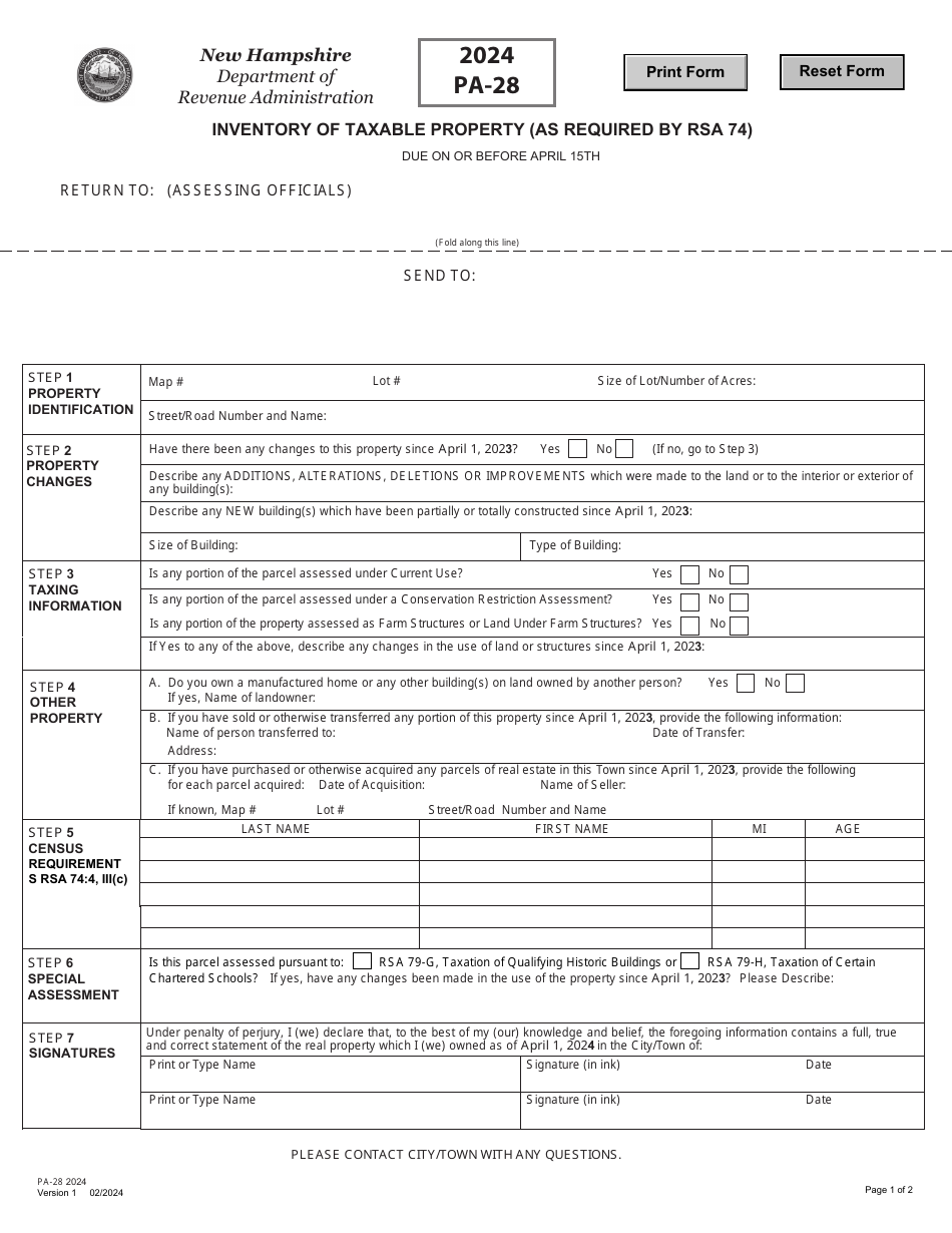 Form PA-28 Inventory of Taxable Property (As Required by Rsa 74) - New Hampshire, Page 1