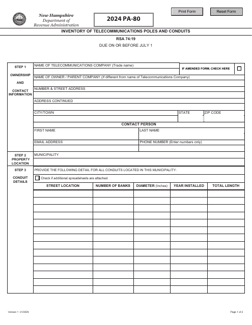Form PA-80 Inventory of Telecommunications Poles and Conduits - New Hampshire, 2024
