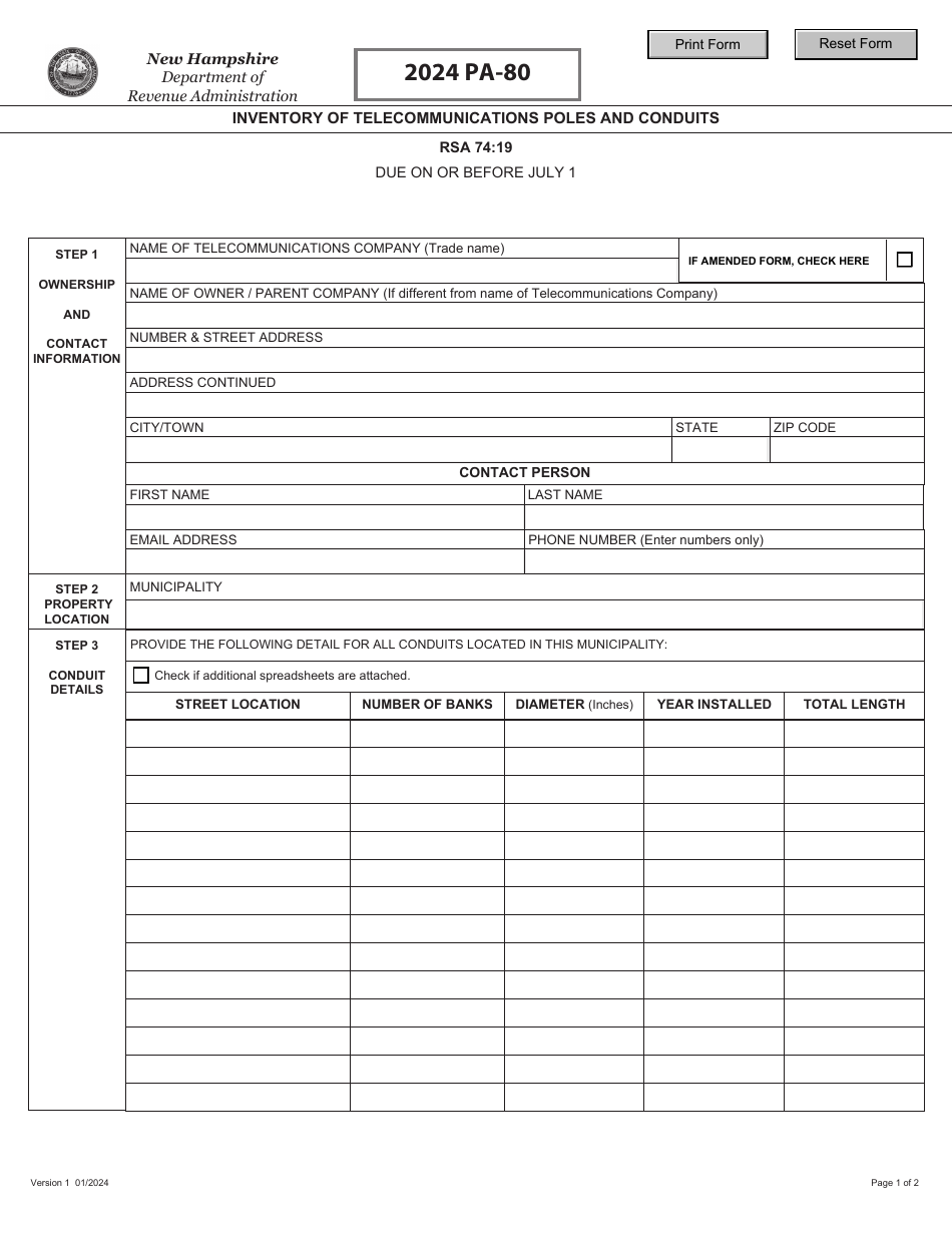 Form PA-80 Inventory of Telecommunications Poles and Conduits - New Hampshire, Page 1