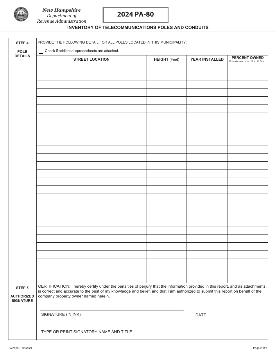 Form PA-80 Inventory of Telecommunications Poles and Conduits - New Hampshire, Page 2