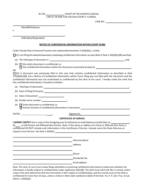 Notice of Confidential Information Within Court Filing - Volusia County, Florida