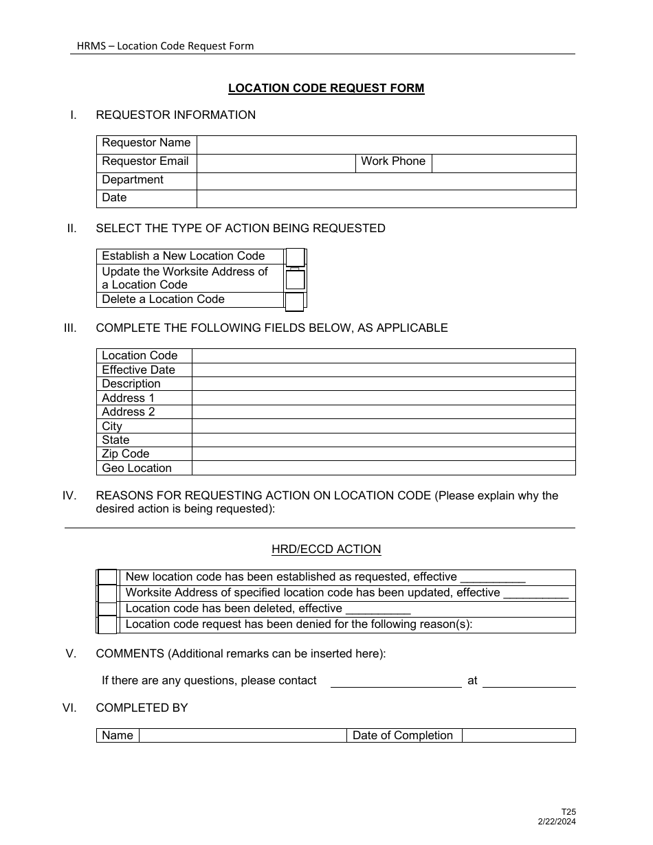 HRD Form T25 Hrms - Location Code Request Form - Hawaii, Page 1