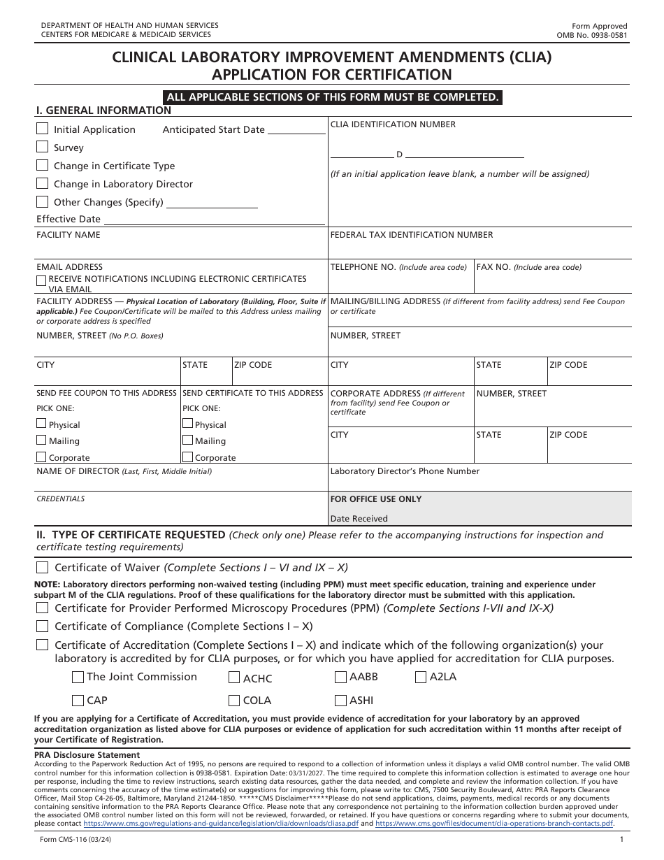 Form CMS-116 Clinical Laboratory Improvement Amendments (Clia) Application for Certification, Page 1