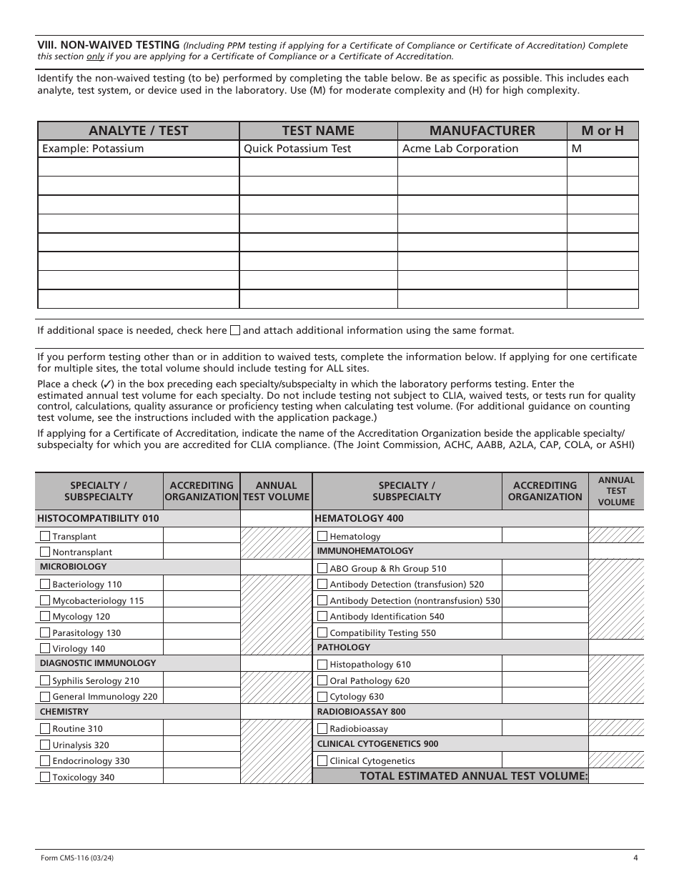 Form CMS-116 Clinical Laboratory Improvement Amendments (Clia) Application for Certification, Page 4