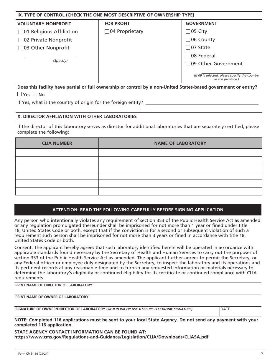 Form CMS-116 Clinical Laboratory Improvement Amendments (Clia) Application for Certification, Page 5