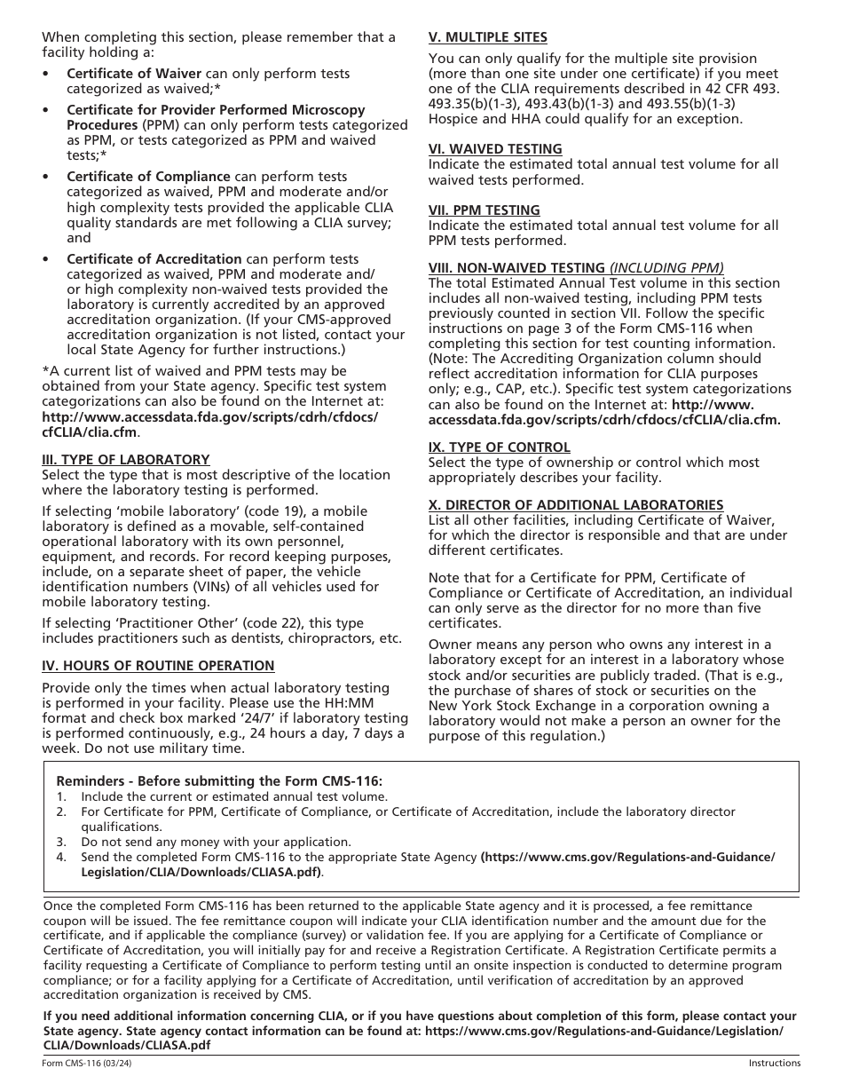 Form CMS-116 Clinical Laboratory Improvement Amendments (Clia) Application for Certification, Page 7