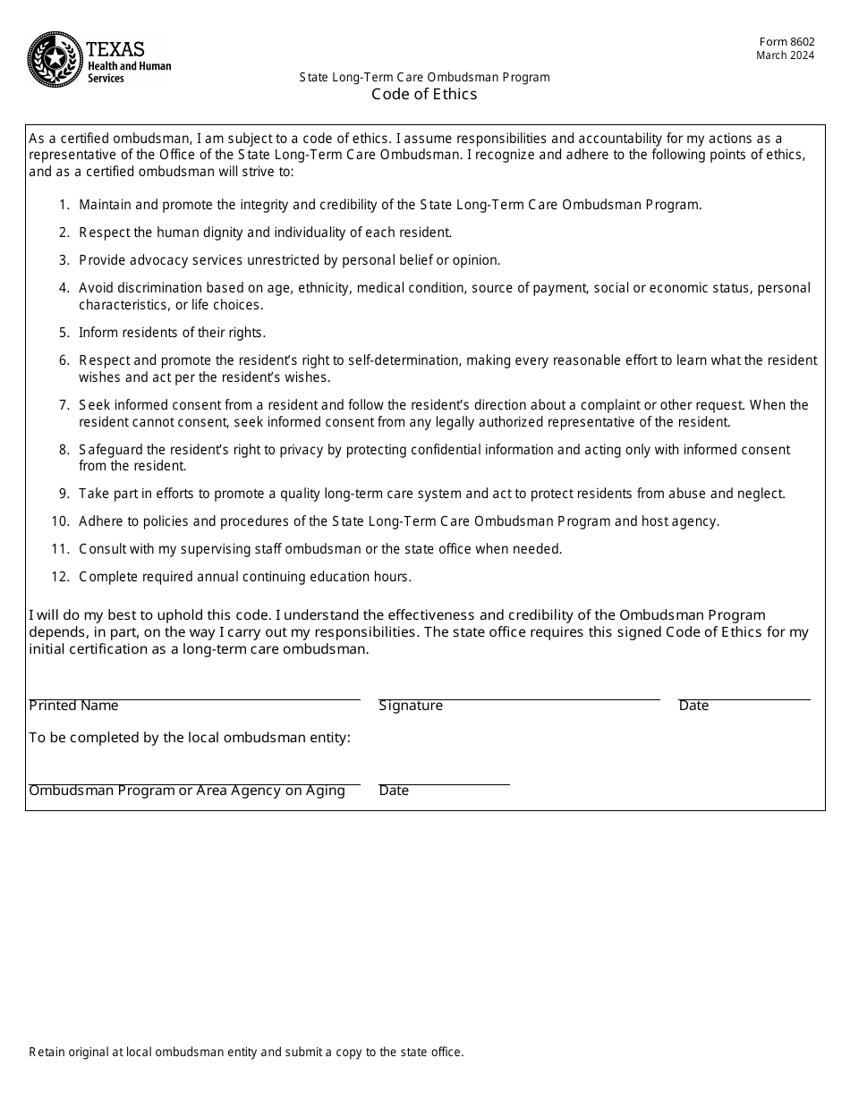 Form 8602 Code of Ethics - State Long-Term Care Ombudsman Program - Texas, Page 1