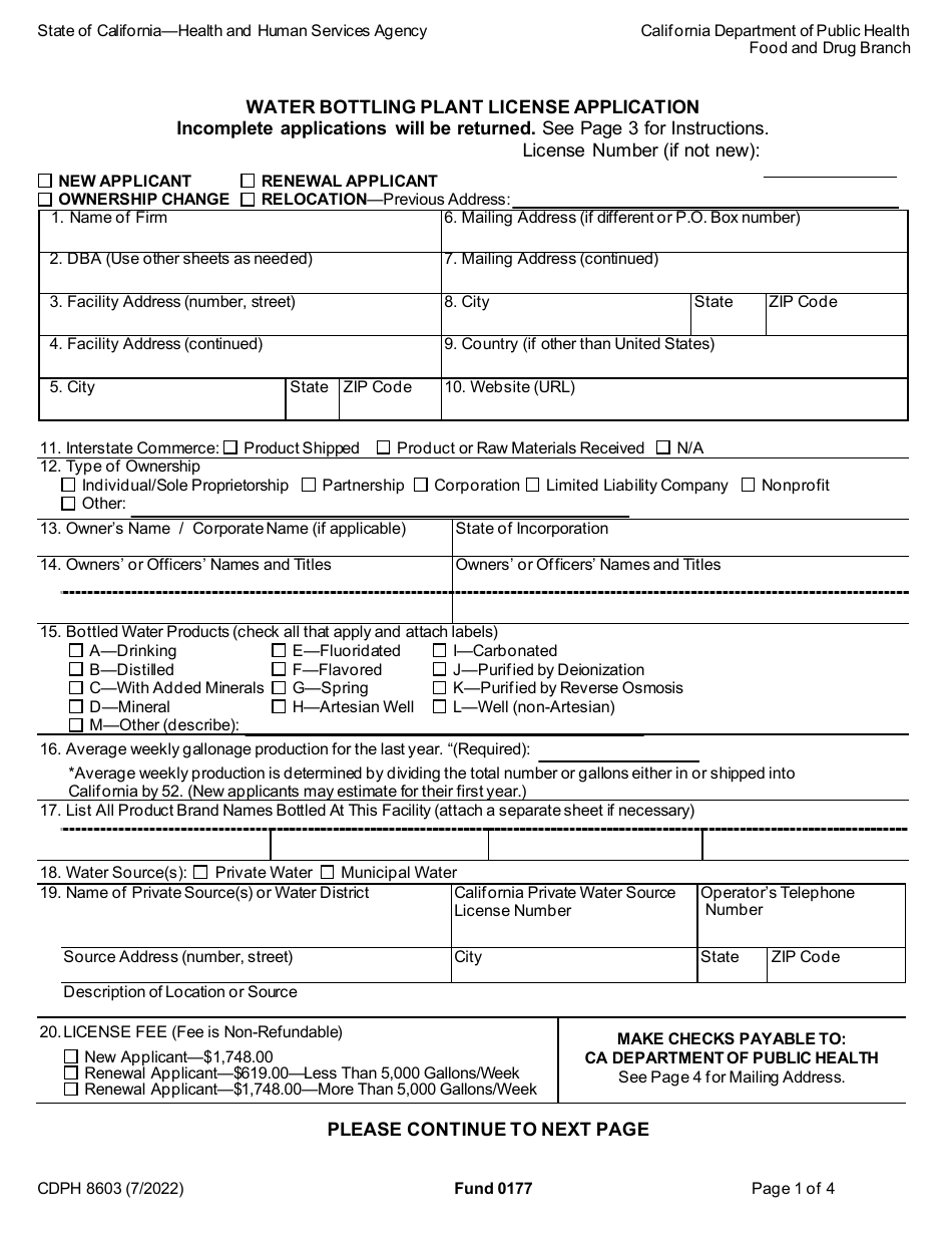 Form CDPH8603 Water Bottling Plant License Application - California, Page 2