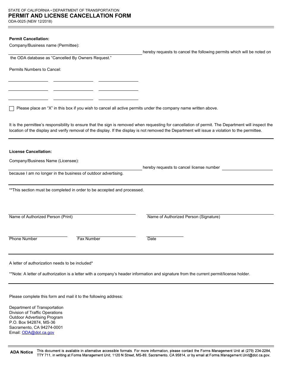 Form ODA-0025 Permit and License Cancellation Form - California, Page 1