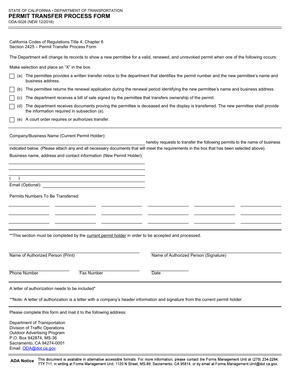 Form ODA-0026 Permit Transfer Process Form - California, Page 1