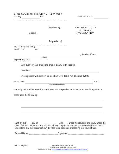 Form CIV-LT-106 Affirmation of Military Investigation - New York City
