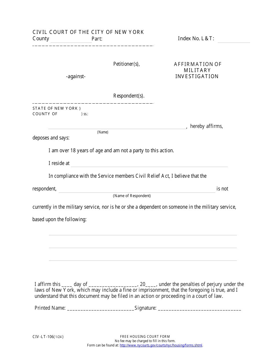 Form CIV-LT-106 Affirmation of Military Investigation - New York City, Page 1