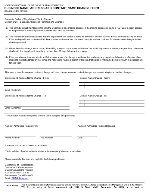 Form ODA-0024 Business Name, Address and Contact Name Change Form - California