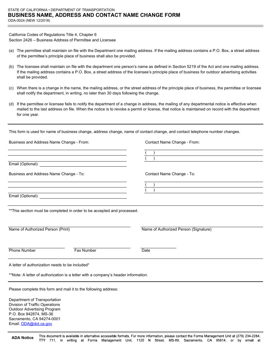 Form ODA-0024 - Fill Out, Sign Online and Download Fillable PDF ...