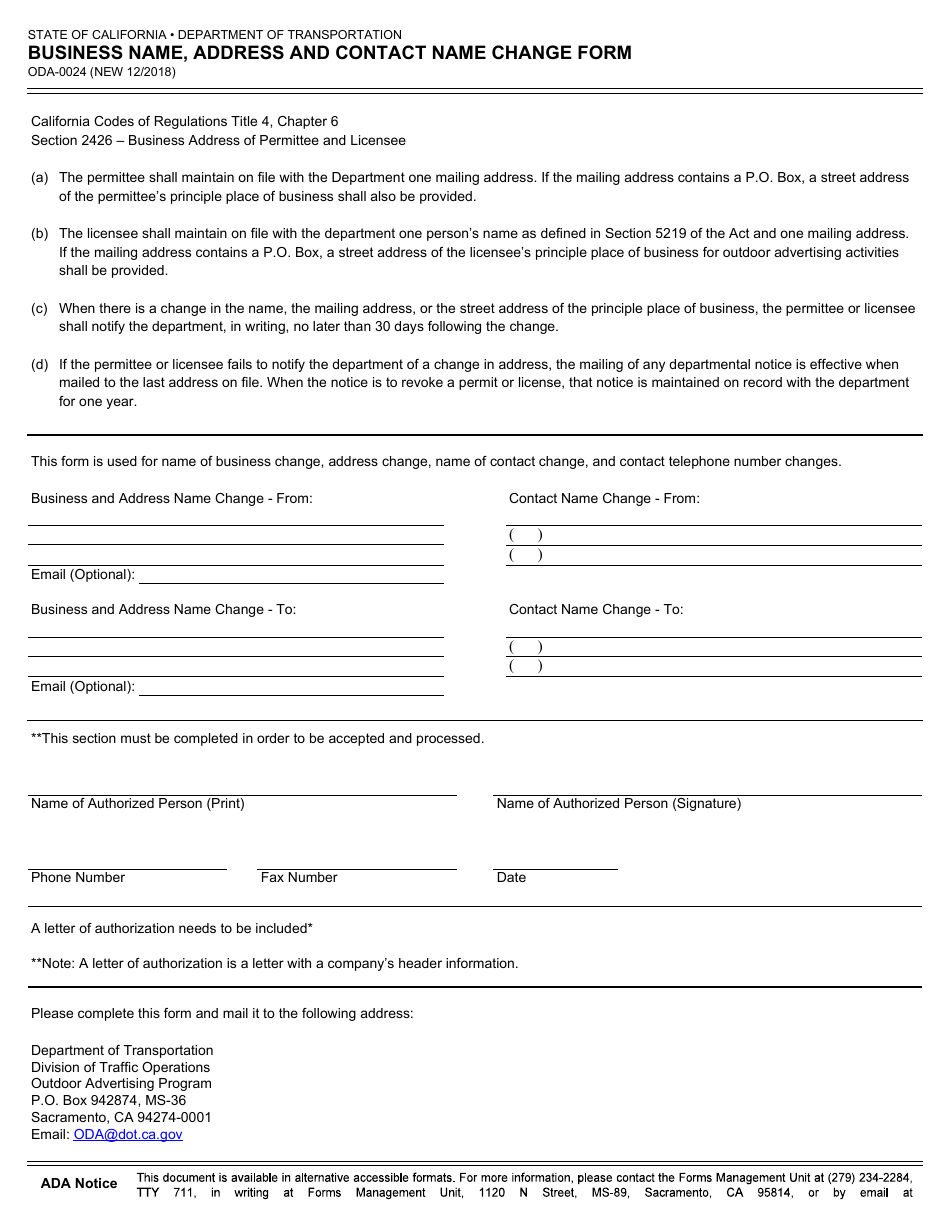 Form ODA-0024 Business Name, Address and Contact Name Change Form - California, Page 1
