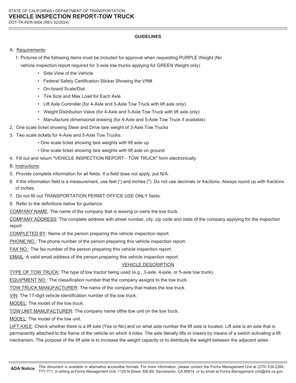 Form DOT-TR-PER-0500 Vehicle Inspection Report-Tow Truck - California, Page 1