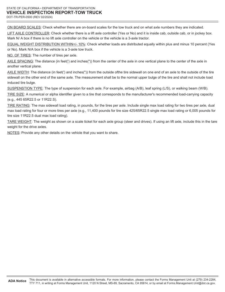 Form DOT-TR-PER-0500 Vehicle Inspection Report-Tow Truck - California, Page 2
