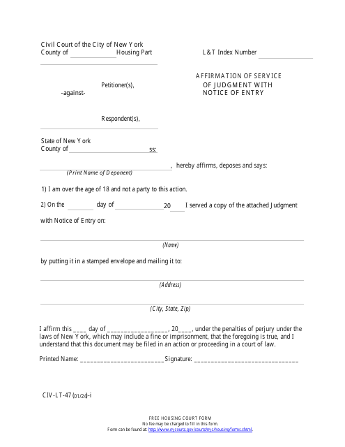 Form CIV-LT-47 Affirmation of Service of Judgment With Notice of Entry - New York City