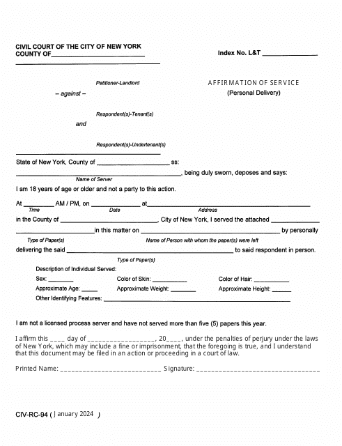 Form CIV-RC-94 Affirmation of Service (Personal Delivery) - New York City