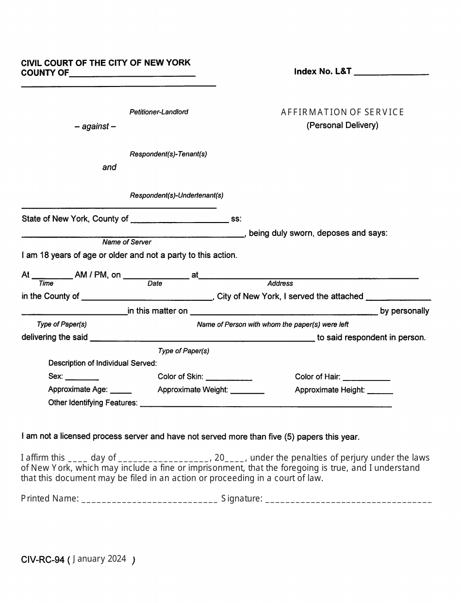 Form CIV-RC-94 Download Printable PDF or Fill Online Affirmation of ...