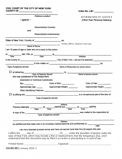 Form CIV-RC-95 Affirmation of Service (Other Than Personal Delivery) - New York City