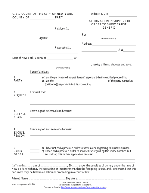Form CIV-LT-13 Affirmation in Support of Order to Show Cause Generic - New York City