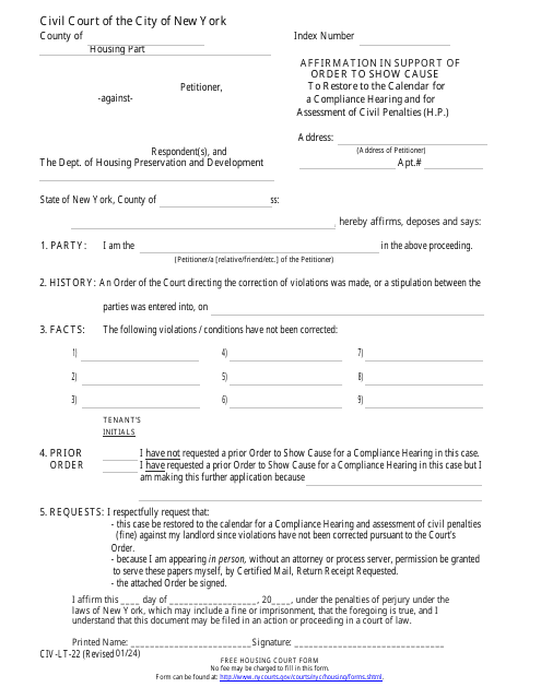 Form CIV-LT-22 Affirmation in Support of Order to Show Cause to Restore to the Calendar for a Compliance Hearing and for Assessment of Civil Penalties (H.p.) - New York City