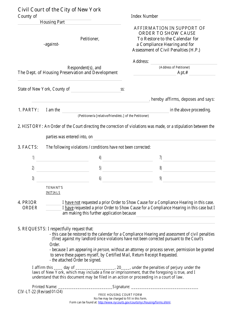Form CIV-LT-22 Affirmation in Support of Order to Show Cause to Restore to the Calendar for a Compliance Hearing and for Assessment of Civil Penalties (H.p.) - New York City, Page 1
