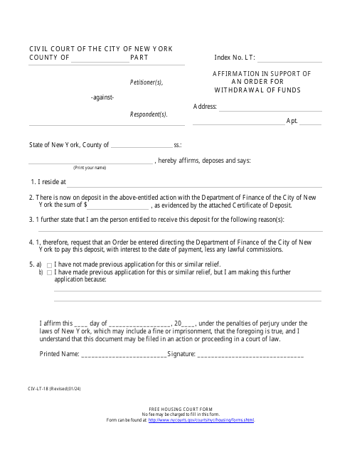 Form CIV-LT-18 Affirmation in Support of an Order for Withdrawal of Funds - New York City