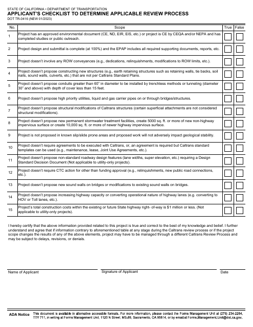 Form DOT TR-0416 Applicant's Checklist to Determine Applicable Review Process - California