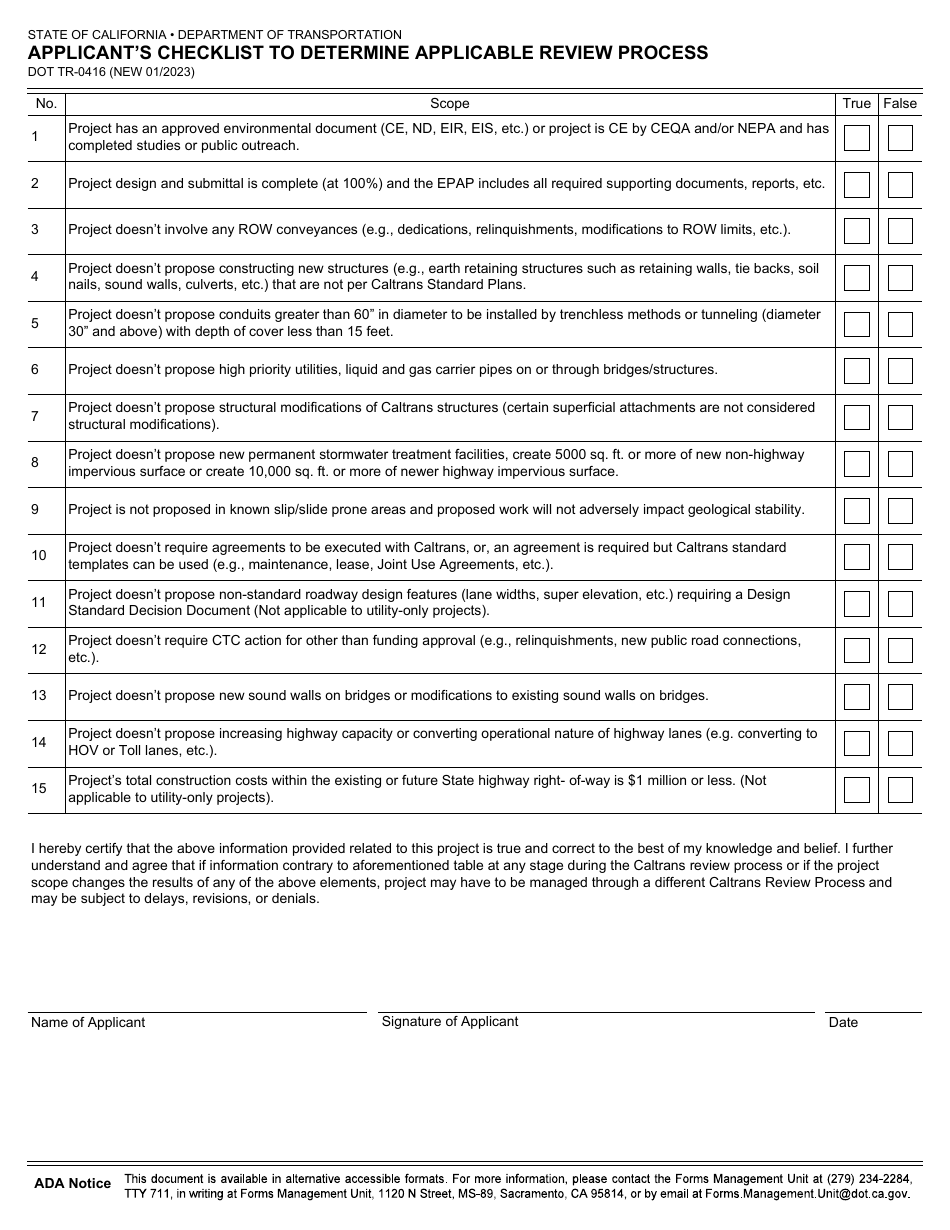 Form DOT TR-0416 Applicants Checklist to Determine Applicable Review Process - California, Page 1