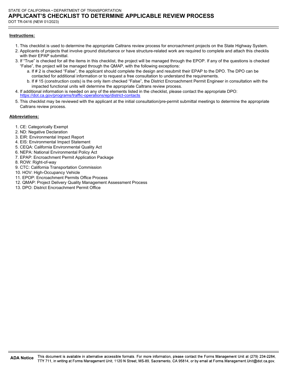 Form DOT TR-0416 Applicants Checklist to Determine Applicable Review Process - California, Page 2