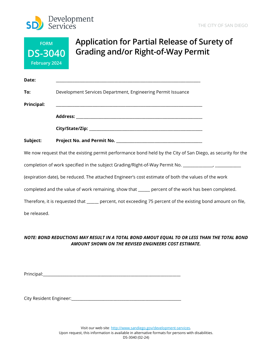 Form DS-3040 Application for Partial Release of Surety of Grading and / or Right-Of-Way Permit - City of San Diego, California, Page 1